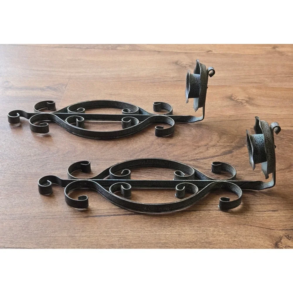 Vintage Wall Sconce‎ Candle Holders Set Scrollwork Rustic Bronze Metal Farmhouse
